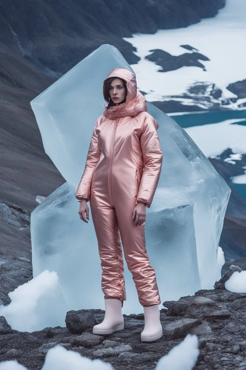 Fashion film in the icefields of Patagonia, a stunning supermodel in an incomplete Astronaut pink bronze suit discover the icefields and giant iceblocks and icebergs using stunning poses we can see her face through the glass . Supreme landscape, inticate background and a minimalist composition that creates a great megalophobia effect. Old lens, old Kodak vision filmstock, 1600 iso.