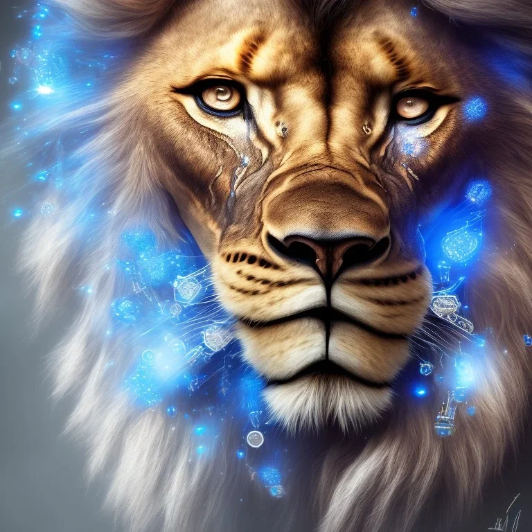 a lion made of steam punk elements with blue diamonds in his face, high detail, live, photo, kybernetic, 8k