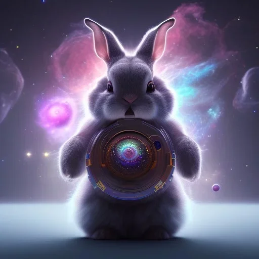 galaxies, spirals, space, nebulae, stars, smoke, iridescent, intricate detail, in the shape of a rabbit, fur wearing color diamonds, octane render, 8k, --q 2 --ar 2:3 --uplight