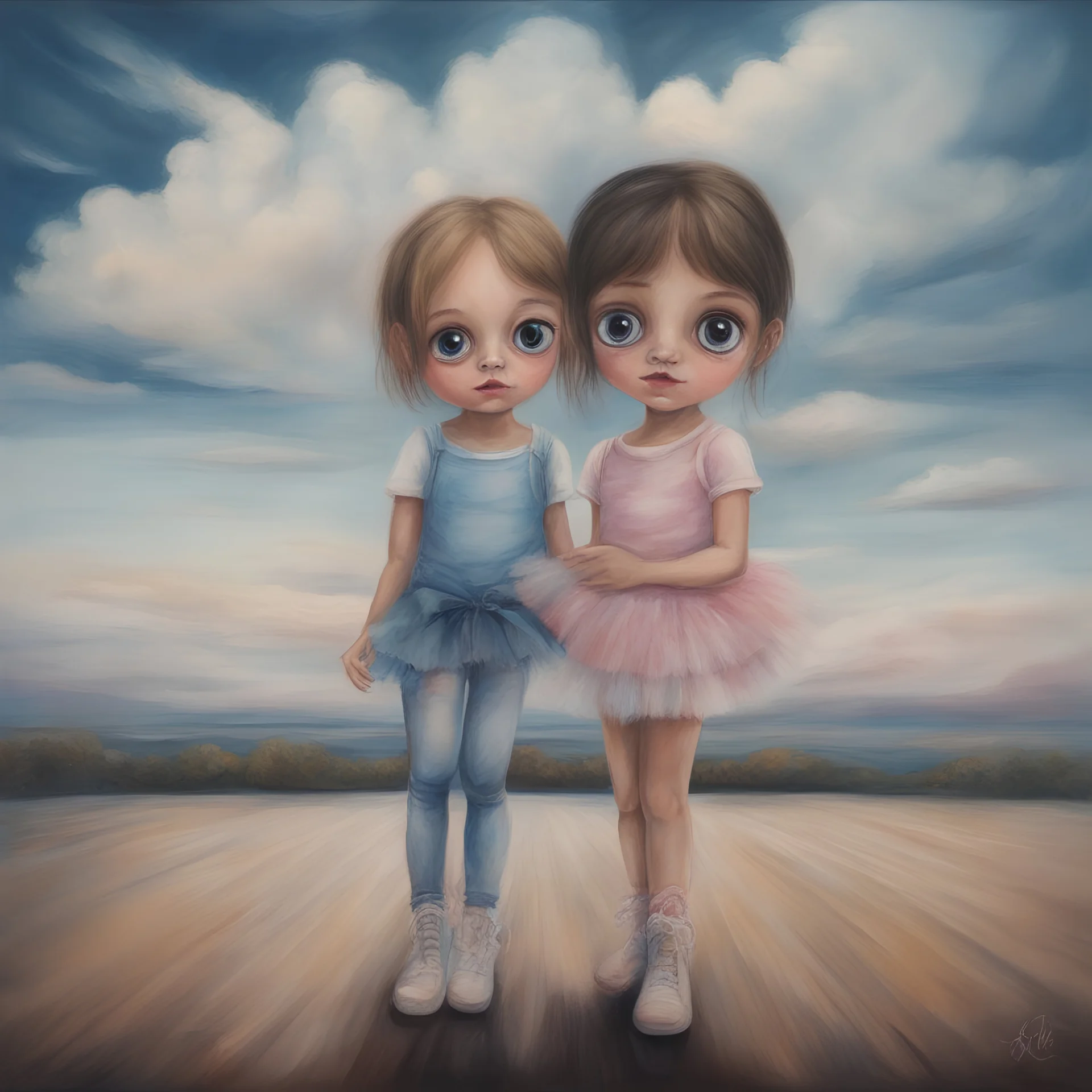 Surreal painting of 2 little girls, jeans and tutu, big eyes, the sky in the background