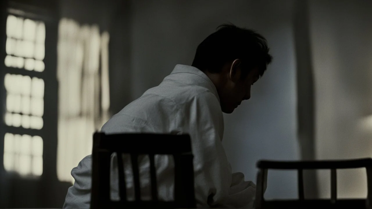 ، يظهر رجل جالس على كرسي في غرفة مظلمة. وجهه غير واضح، لكن يمكن رؤية عينيه مغمضتين. الرجل يرتدي ملابس سوداء،