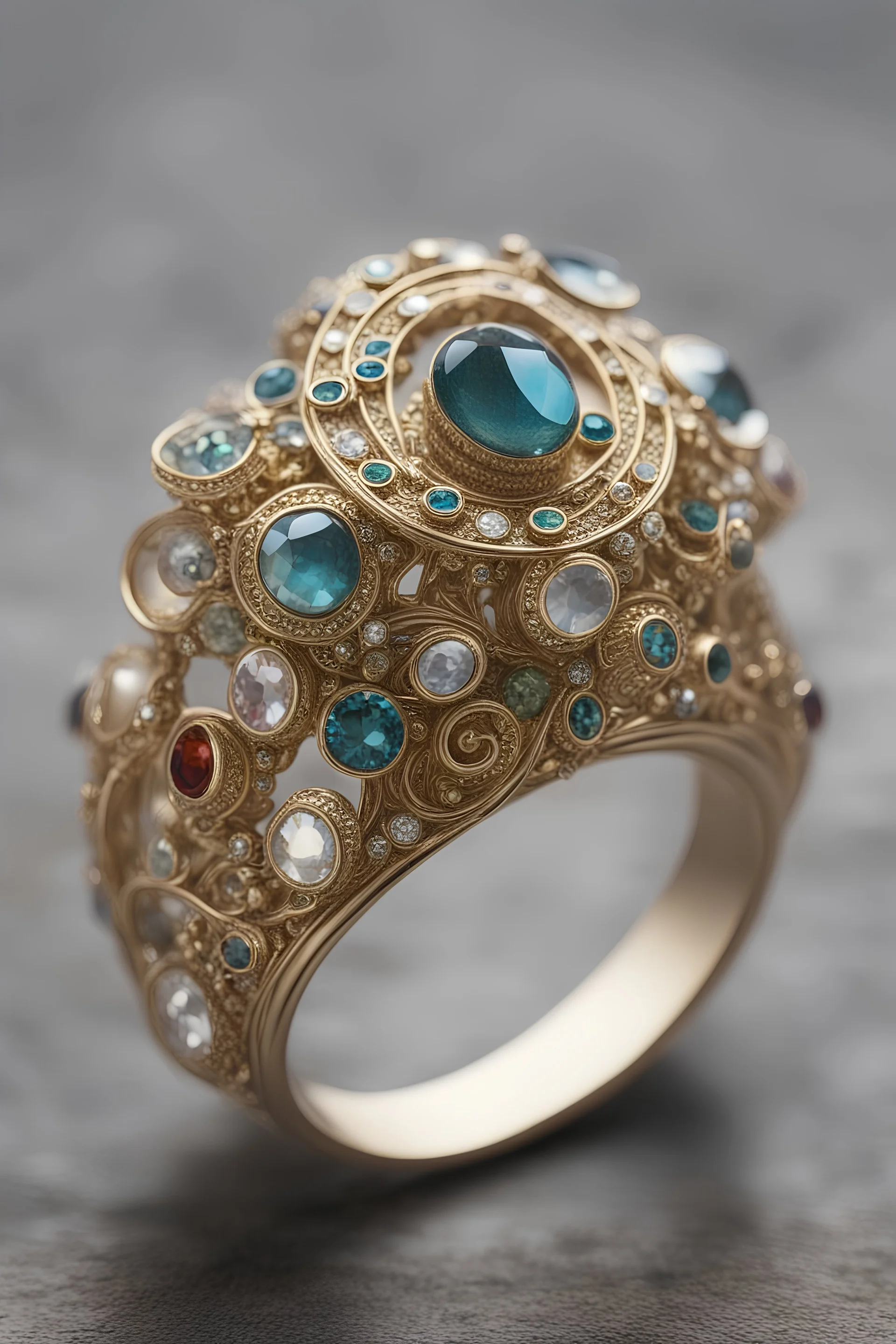 art deco ring with jewels and intricate details, gustav klimt inspired details, ethereal, fantasy feel