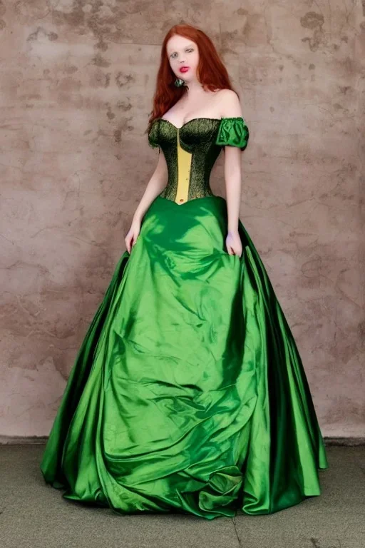 Busty princess full body with long auburn hair green eyes wearing a big dark teal green and gold satin ballgown corset off shoulder top at night