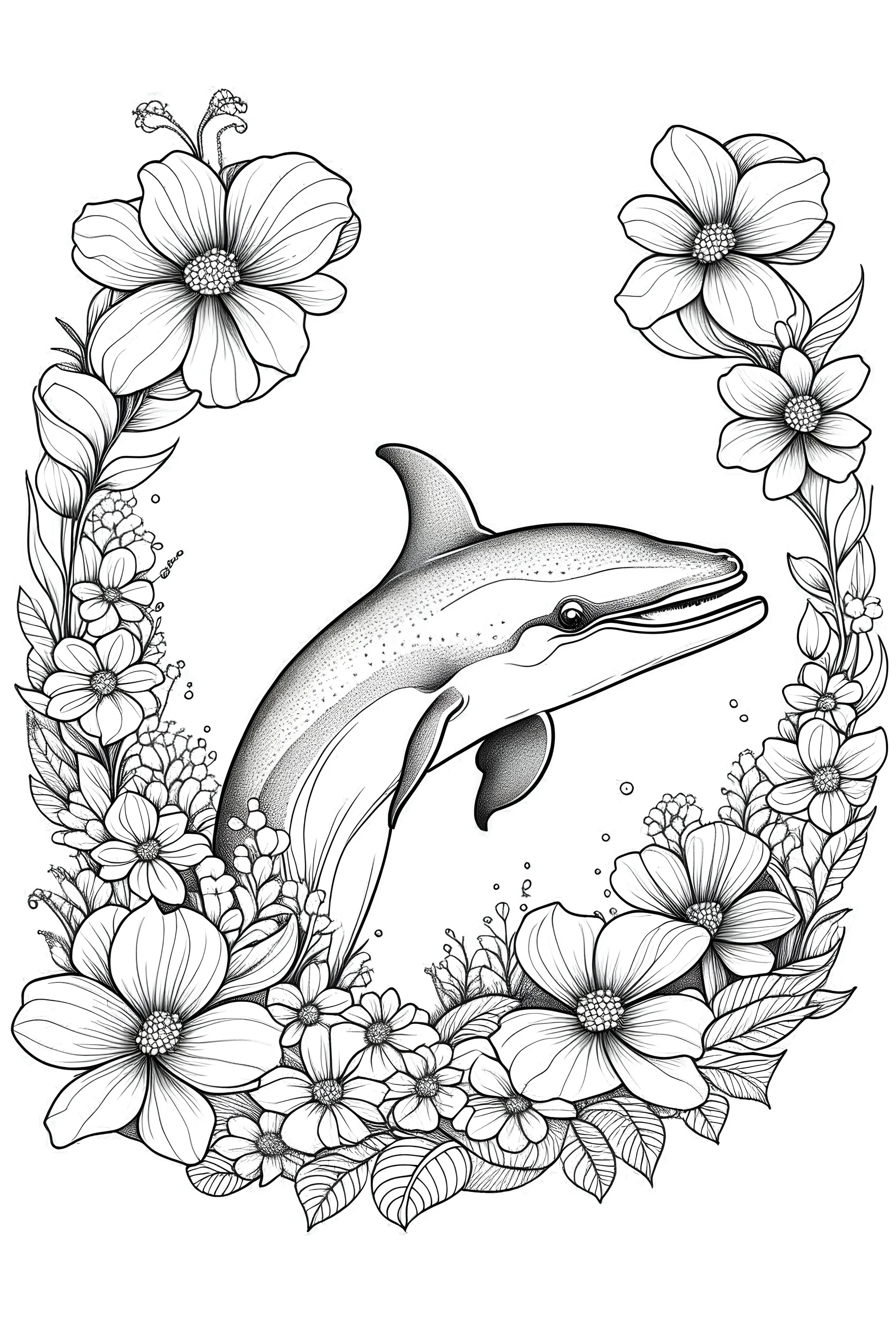 portrait of dolphin and background fill with flowers on white paper with black outline only