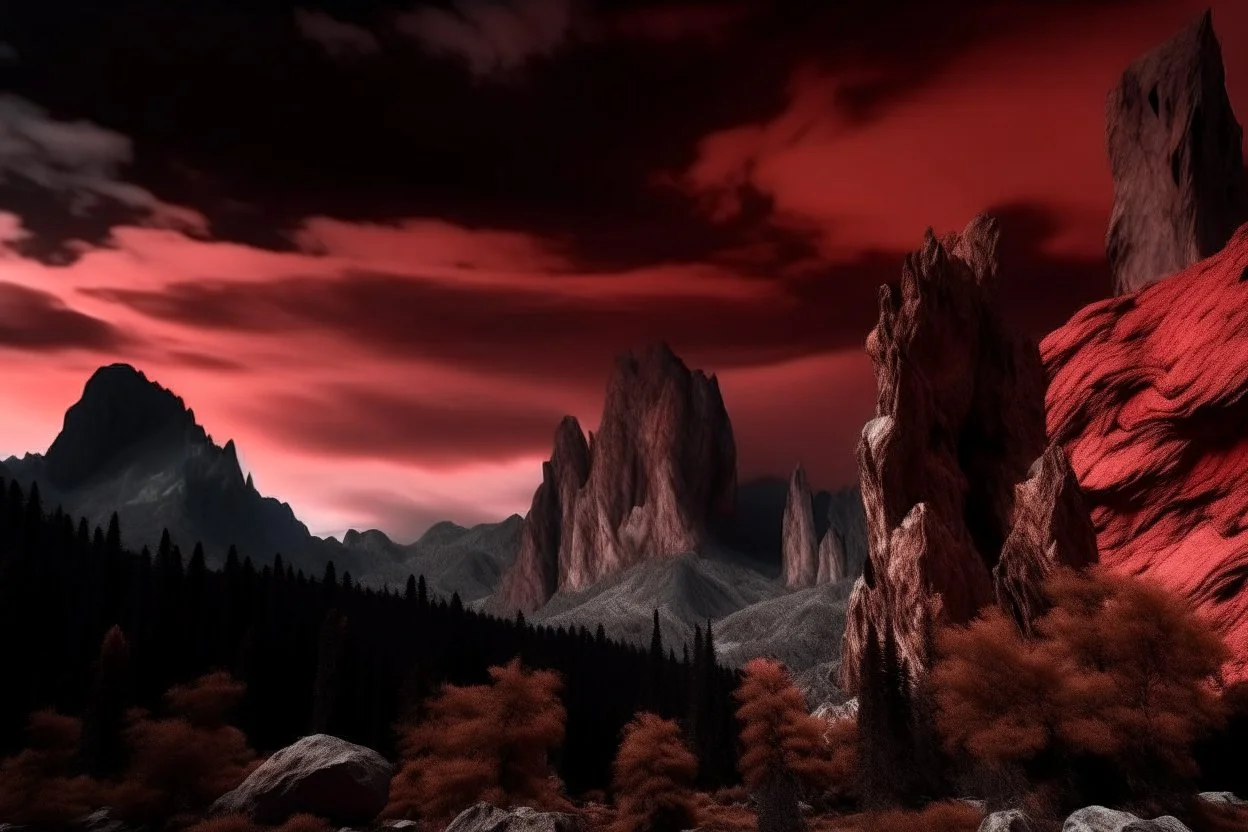 mountains, a gloomy rocky landscape, cypresses stretching up in the foreground, rocks and a bloody sky in the background