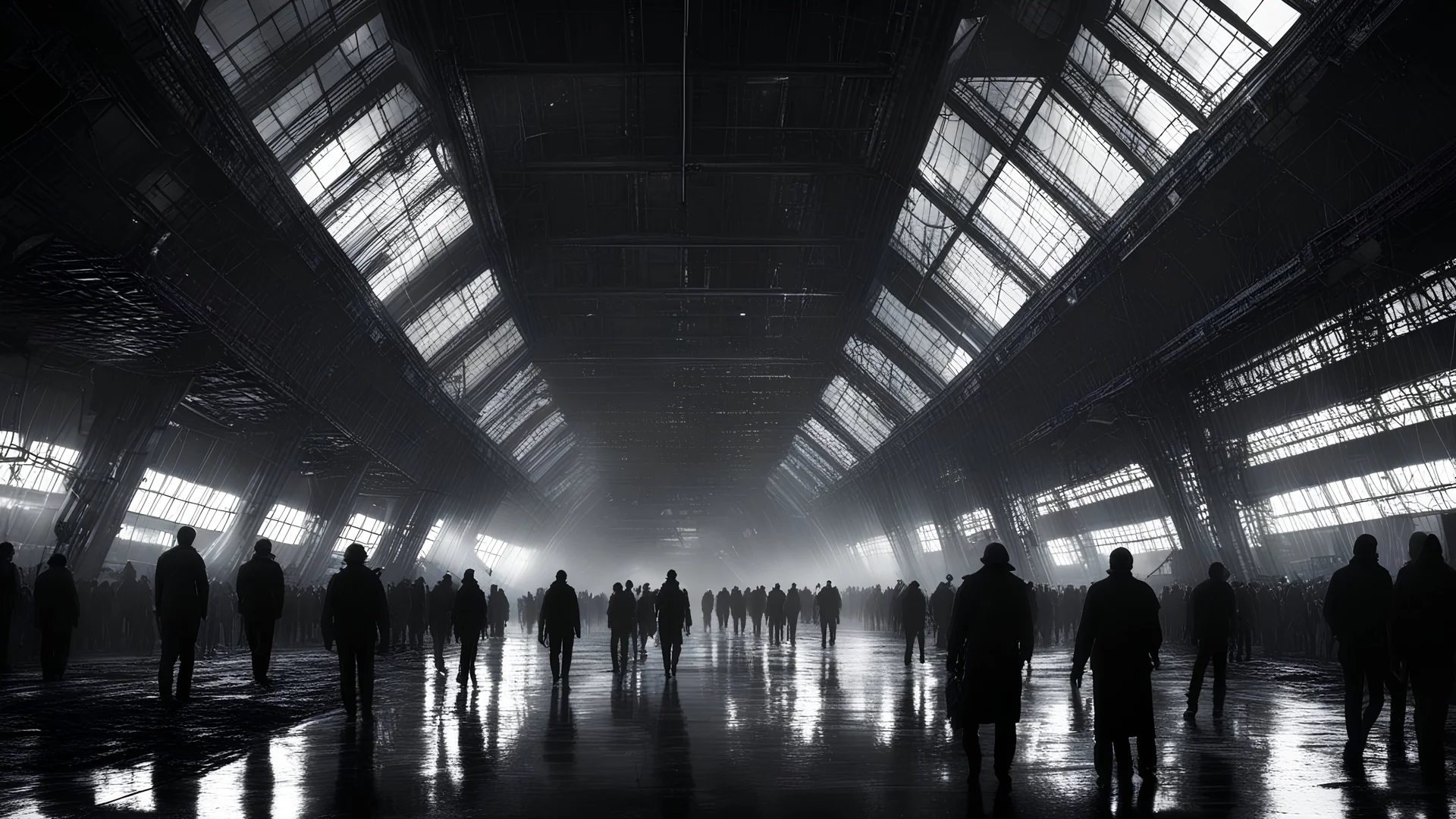 many people inside dark extremely large sci-fi old hangar high ceiling, dark room, rain, wet, ambient light, photographic, black and white