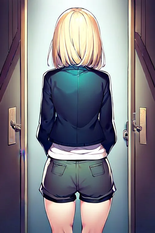 blonde girl with short jacket and shorts runs in a corridor in front at a mystery door, back view, line arts, manga style