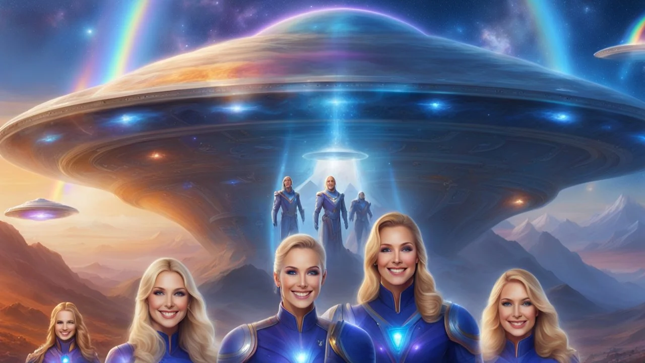 ufos rainbows,beautifuls paysages, fantastic colours,cosmic woman ,beautiful ufos rainbow, admiral from the future, galactic confédération, fine whole face, crystalline skin, expressive purple eyes,rainbow, smiling lips, very nice smile, costume pleiadian, Beautiful tall woman pleiadian Galactic commander, ship, perfect datailed golden galactic suit, high rank, long blond hair, hand whit five perfect detailed finger, amazing big puple eyes, mouth, high définition lips, cosmic happiness, bright