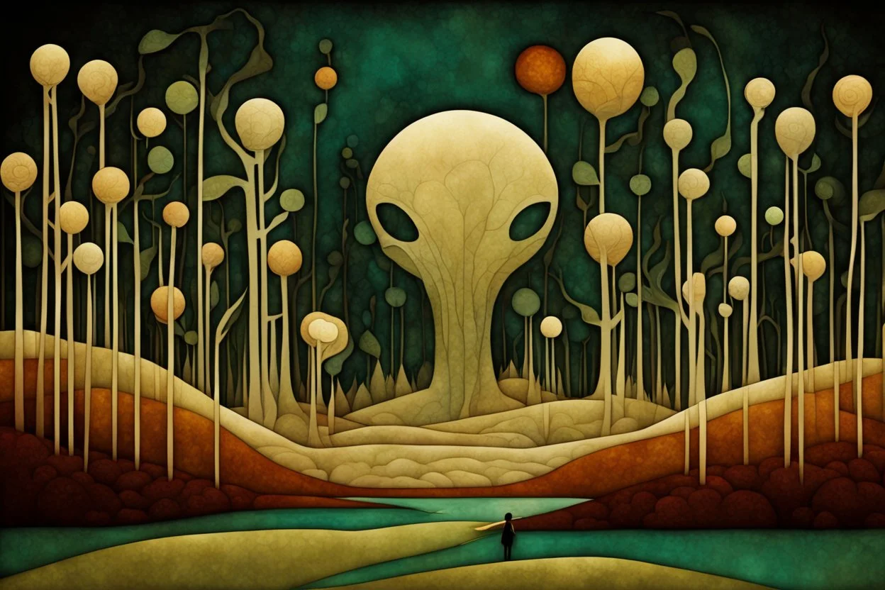 2D Alien landscape with elegant geometric fauna, meander art style, deep colors, art deco effects, 2D Art by Andy Kehoe, clarity, high quality painting, silhouette.