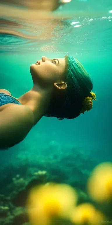 Fenasi Kerim underwater with yellow flowers for hair, closed eyes, rtx, reflection, 8k, glow, winning photography, caustics