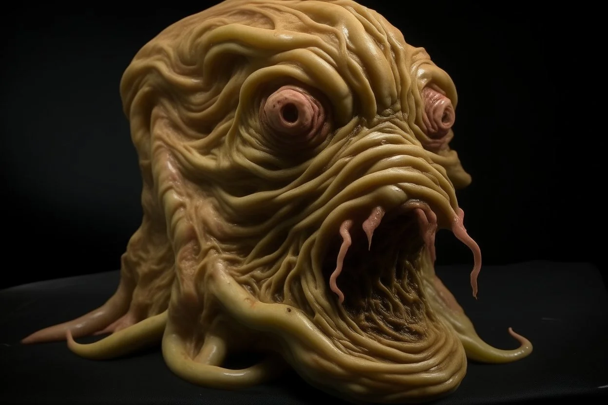 an eyeless, slimy, grotesque realistic tapeworm that looks like Donald Trump, horror