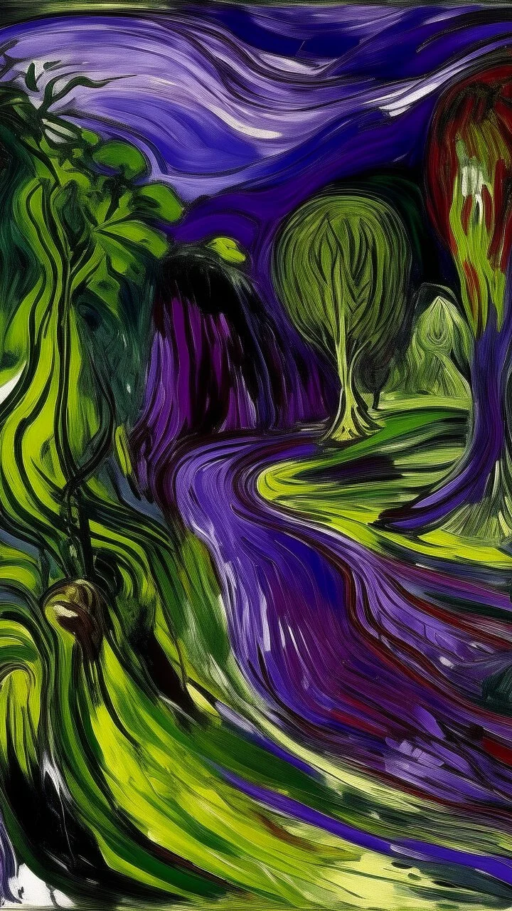 A purple jungle with a toxic river painted by Edvard Munch