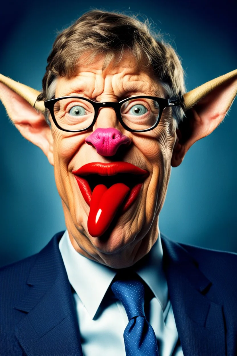 Bill Gates with a gremlin cow with big lipstick mouth, big lips