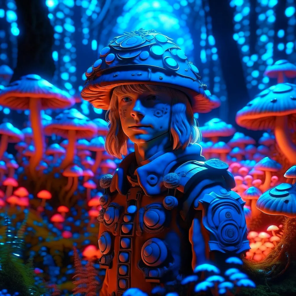 portrait of robotic hippie army officer inside glowing mushroom grove, 8k, down-light, soft light, depth of field, photo realism, trending on art station, high detail