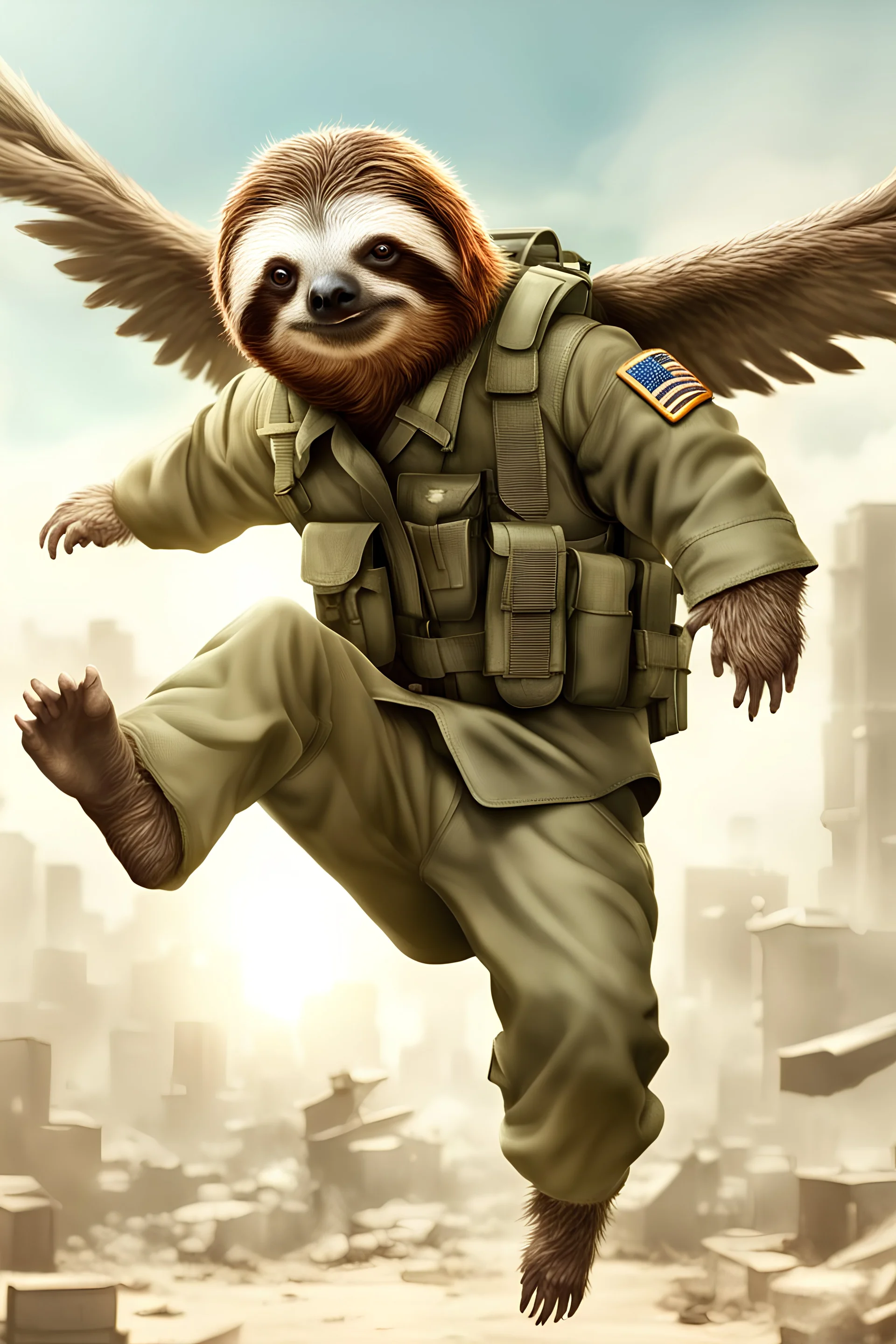 sloth in a scavenger military clothes doing flying kick hyper realistic art, post-apocalyptic house background