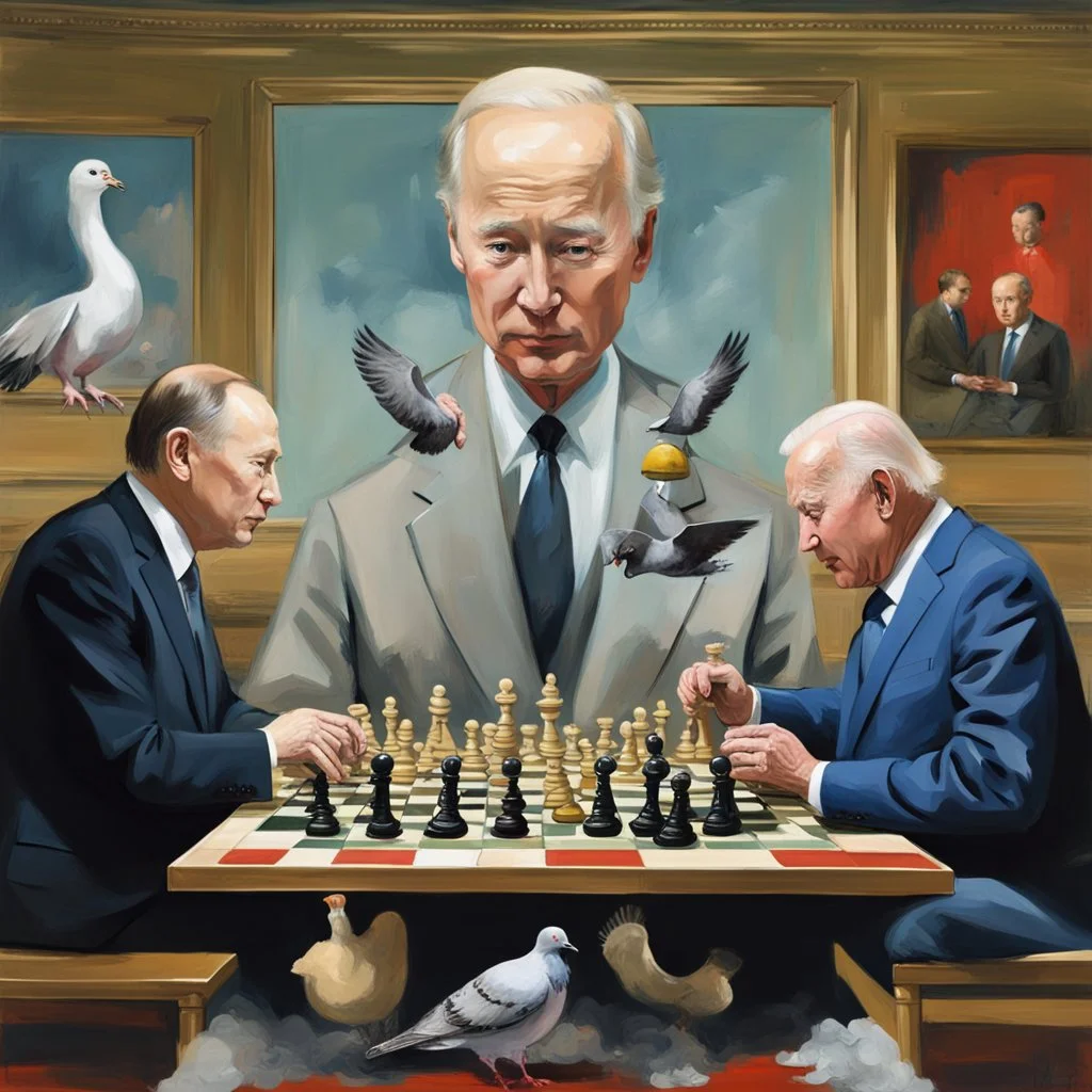 Putin, President Xi Of China And Joe Biden Play Chess With A Pigeon,Ufo And Atomic Bomb Mushroom Cloud,Complex Surgical Instruments Intermixed With A Newborn Boy,Minimalism,Painting By Adrian Ghenie,Rene Magritte,Pablo Picasso,Michelangelo,Salvador Dali,Lucian Freud