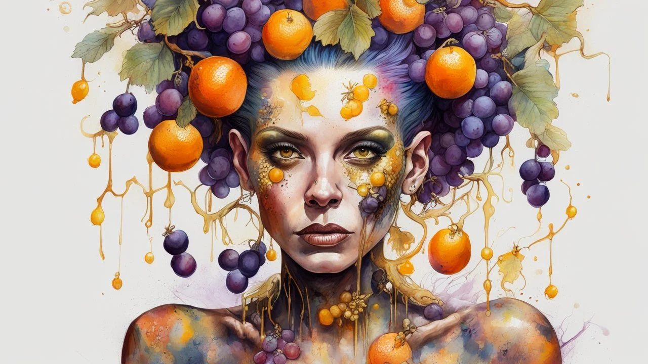 Punk woman 49 years old, hair made of Fruits, Grapes, tangerines, gold, gouache, watercolor, acrylic, paint drips, branches, fine drawing, golden makeup, bees, tattoo, alien, bright colors, fine drawing, double exposure, high detail , high resolution, 8K, 3D, bees,