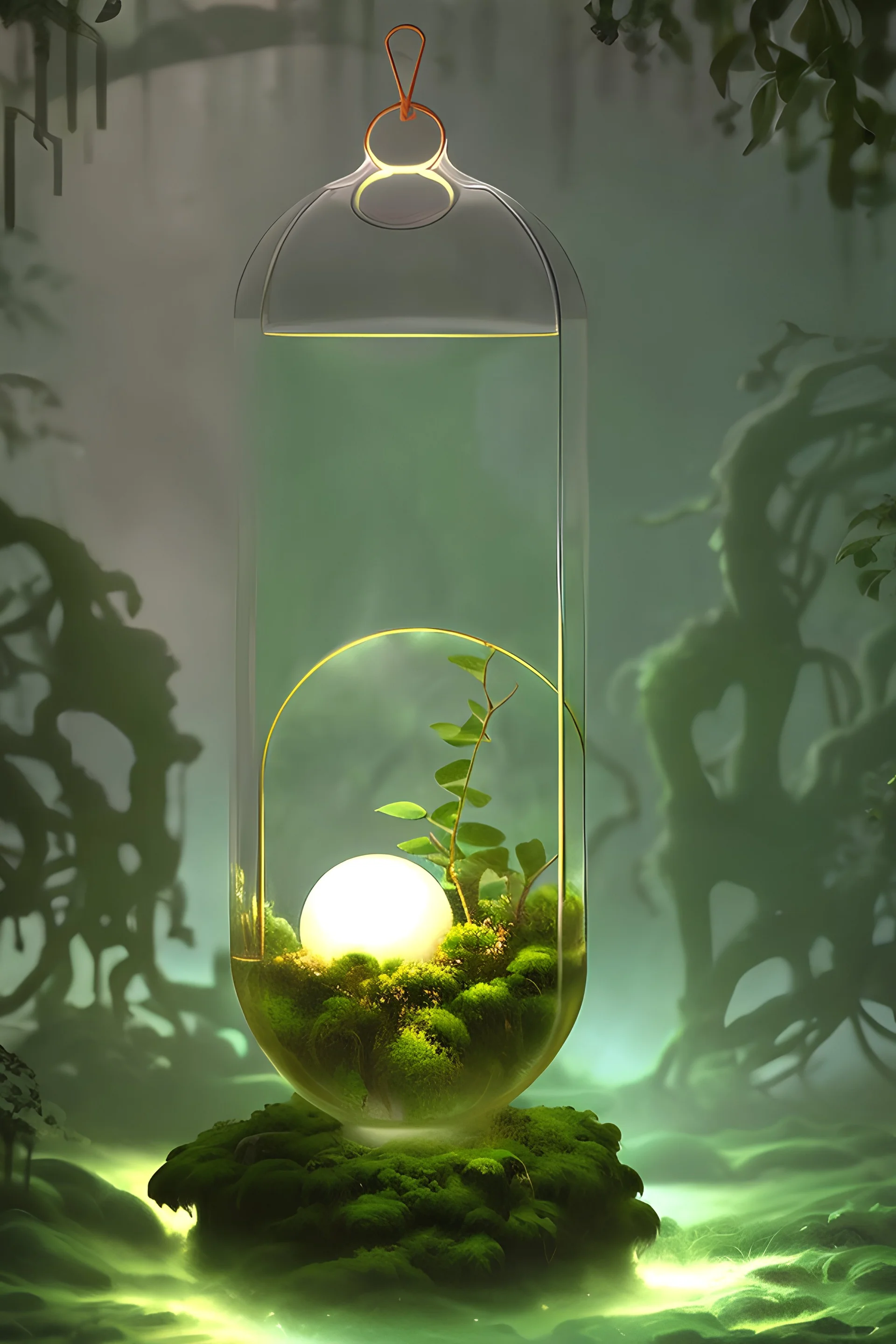 floating suspended translucent glowing orb above pedestal, misty, inside overgrown moss vines labrotory, sacred geometry object inside translucent floating orb, aura foggy mist, tesseract, purple, green, gold