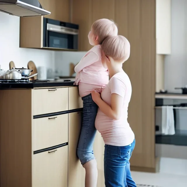 Realistic photo Russian shorthair beautiful 20-years tomboy boyish boylike young mother-in-future wide hips in kitchen