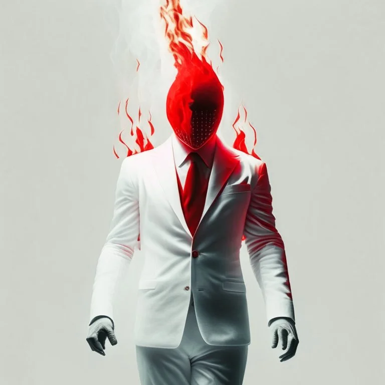 a man with fire in the palm of his hand wearing a white suit with a red tie who has no face