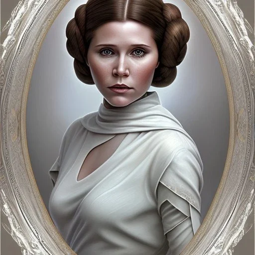 square framed complete and ultra realistic detailed head to waist stunning portrait of young carrie fisher as Princess Leia with realistic hairstyle by Mandy Jurgens and mucha and Richard Schmid and chuck close and chie yoshii, extraordinary and detailed ceremony dress of star wars,brown eyes