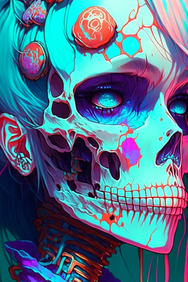 a close up of a person with a skull on their head, anime skull portrait woman, scary detailed art in color, hiroyuki-mitsume takahashi, nychos art aesthetic, half woman half skeleton, anime cyberpunk art, colored manga art, rossdraws pastel vibrant, cold colors. insanely detailed, beautiful anime portrait, stunning anime face portrait, scary art in color