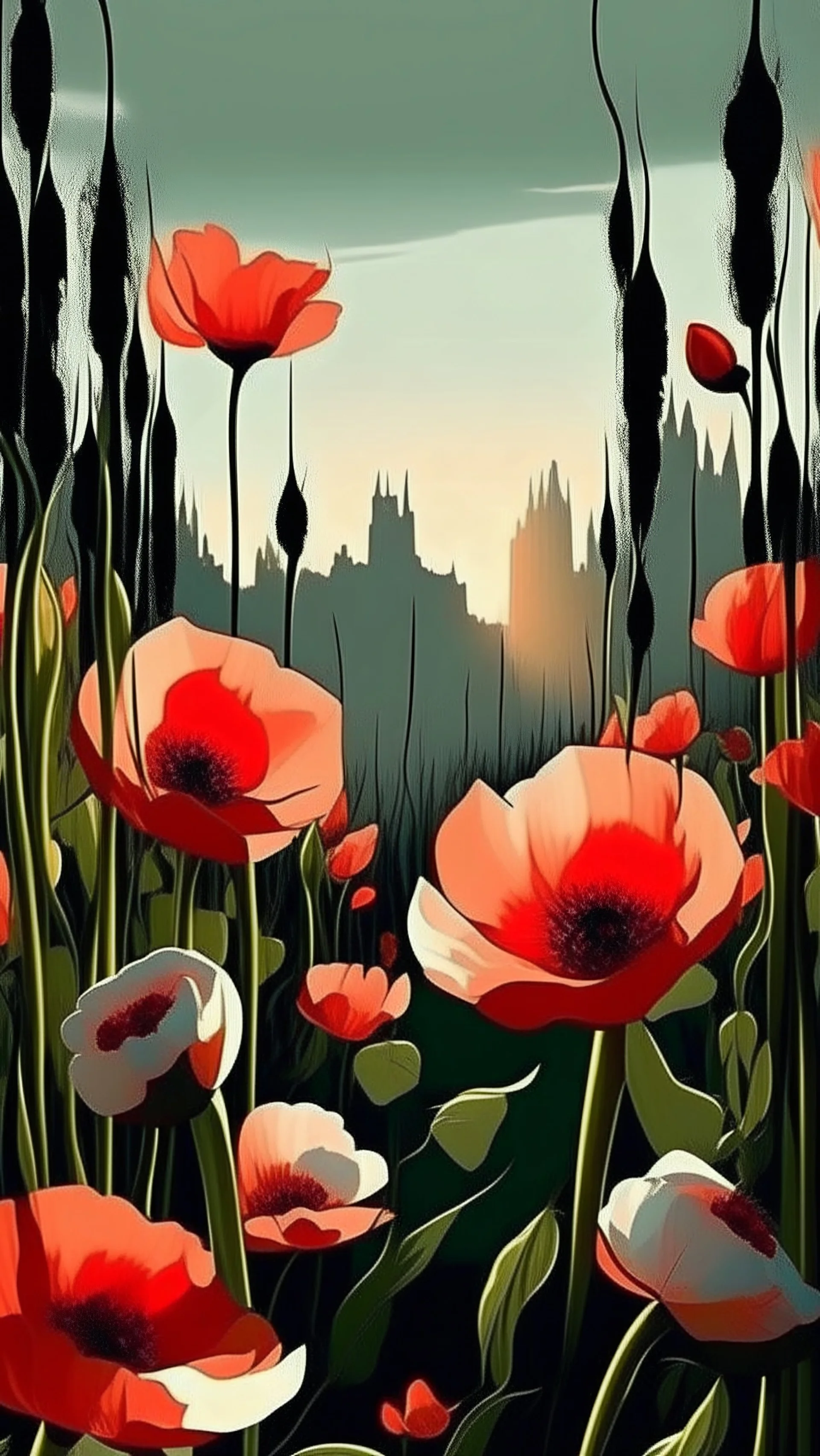 field of poppys by and oswaldo guayasamin and alexandre archipenko and yannis moralis in the style of , Artstation Deviant art, natural lighting accent lighting, in the street, intricate scenery highly detailed