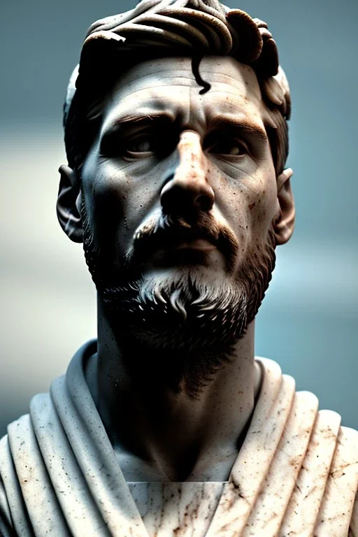 Ultra Realistic image, roman sculpture, white marble material, Lionel Messi, Laurel leaves crown, miguel angel style, chisel style, emperor, waist up portrait, epic, celestial style, cinematic lighting, God light, god rays, 4k resolution, smooth details, ornate details, soft lighting, unreal engine 5, sky background.