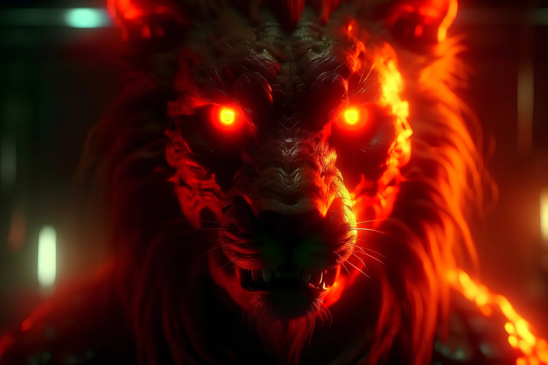 4k full details full lights Portrait lion diable cyberpunk, incendie en arrière plan