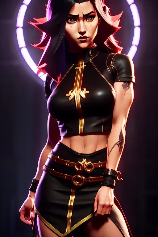 j.scott campbell, serena from mortal kombat, full head to toe portrait, lathe build, wearing black and red mini skirt, thigh high boots and crop top, big eyes, 3/4 look, long black hair with red streak, small up turned nose, large breasts, small waist, round butt, standing, dark cobblestone alley, one halo white light behind head, non photorealistic rendering