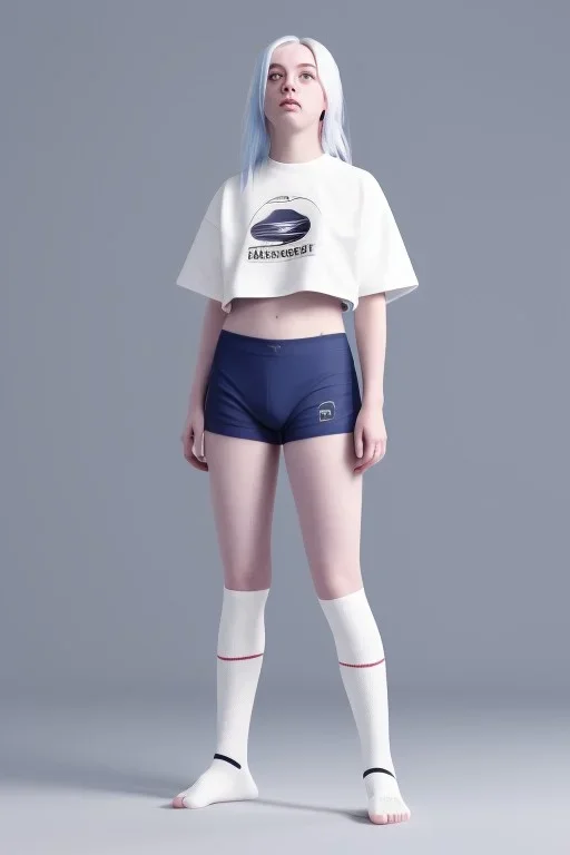 Billie Eilish, underpants, white socks, pale skin, high detail, realistic, 8k, not to be distinguished from a photo