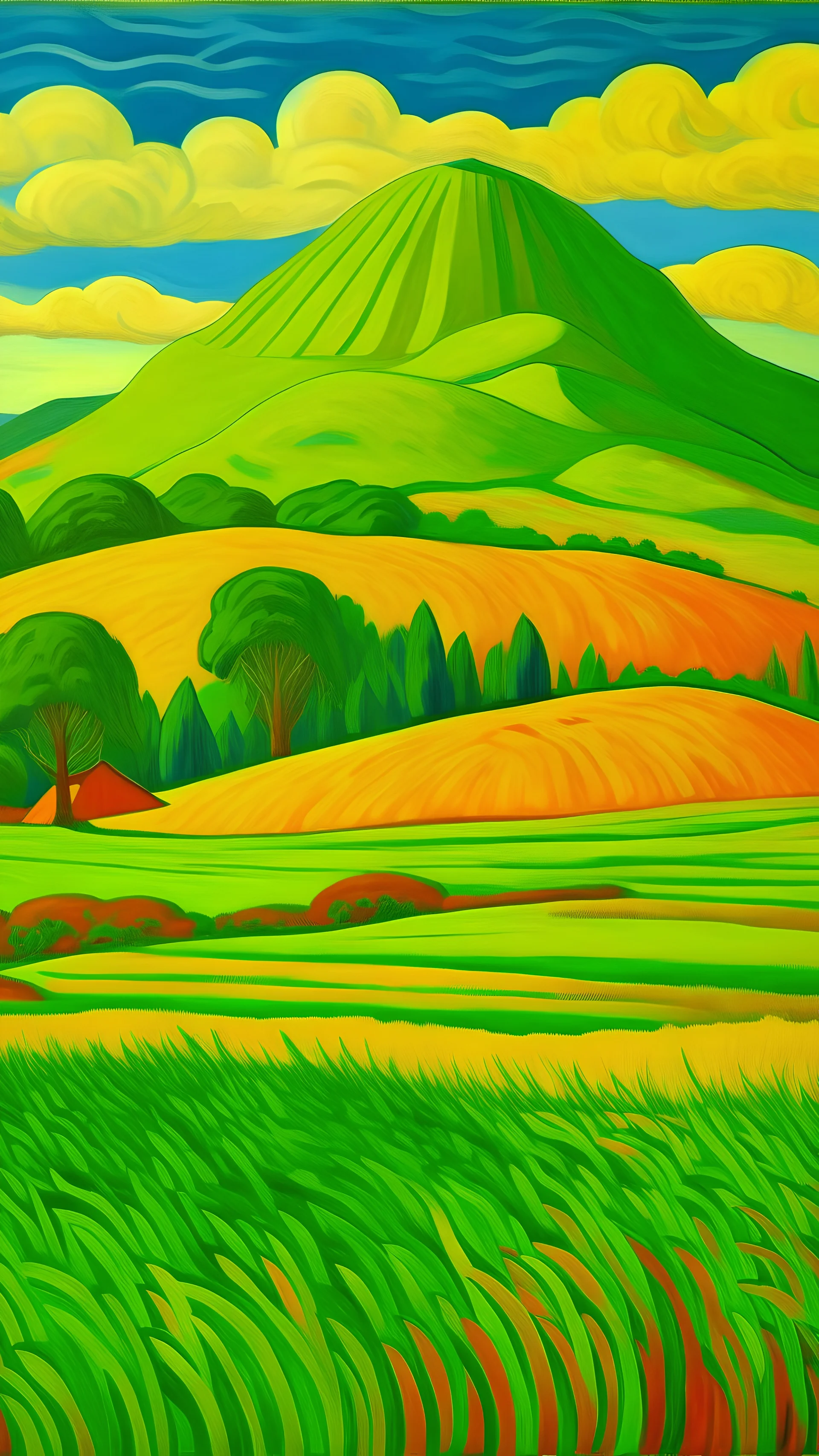 A green field with mountain high haystacks painted by Paul Ranson