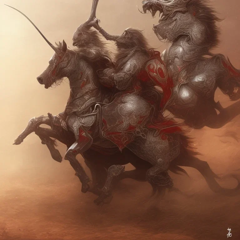 Nomad cavalry inline attacking. Horses. Damascus steel. Red. Sharp details. Roar.