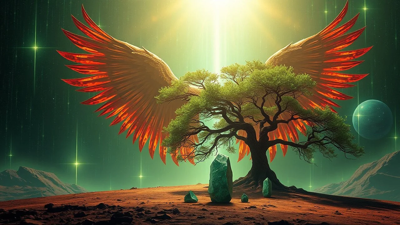 matrix universe, space, planets, god creation, angels from other dimensions with beautiful wings, trees on the planet, behind green crystals of light, few tiberium monolith deposits on the planet near tree,