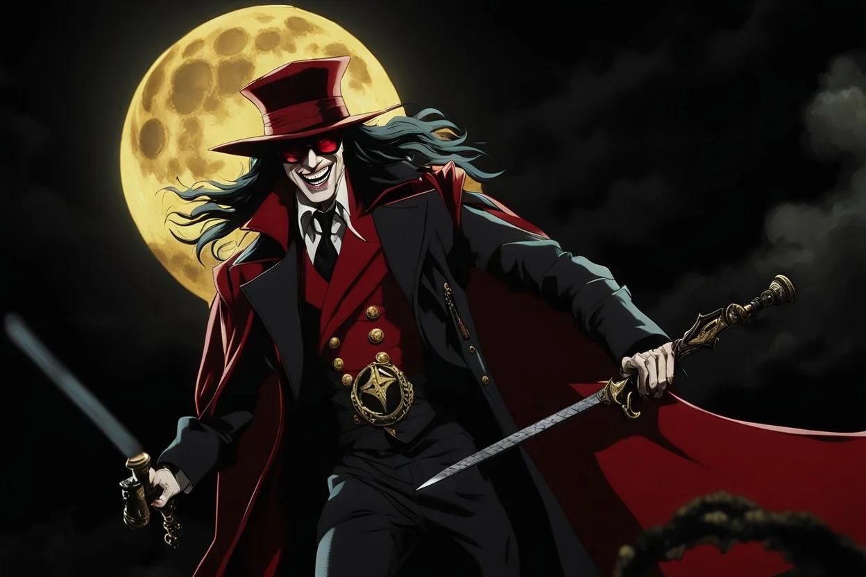 Still frame of Tom Hiddleston as Alucard from the live action "Hellsing" movie based on the anime of the same name. He is wearing his signature red hat and yellow glasses, while laughing in the moonlight.