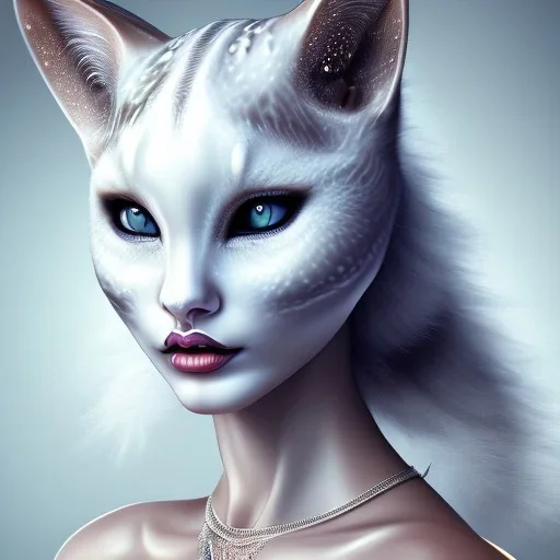 White catwoman, goddess, trippy, eyes different colored, rabbit