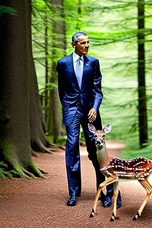 Obama as a mystical forest nymph in the woods raising a baby deer as his own high quality