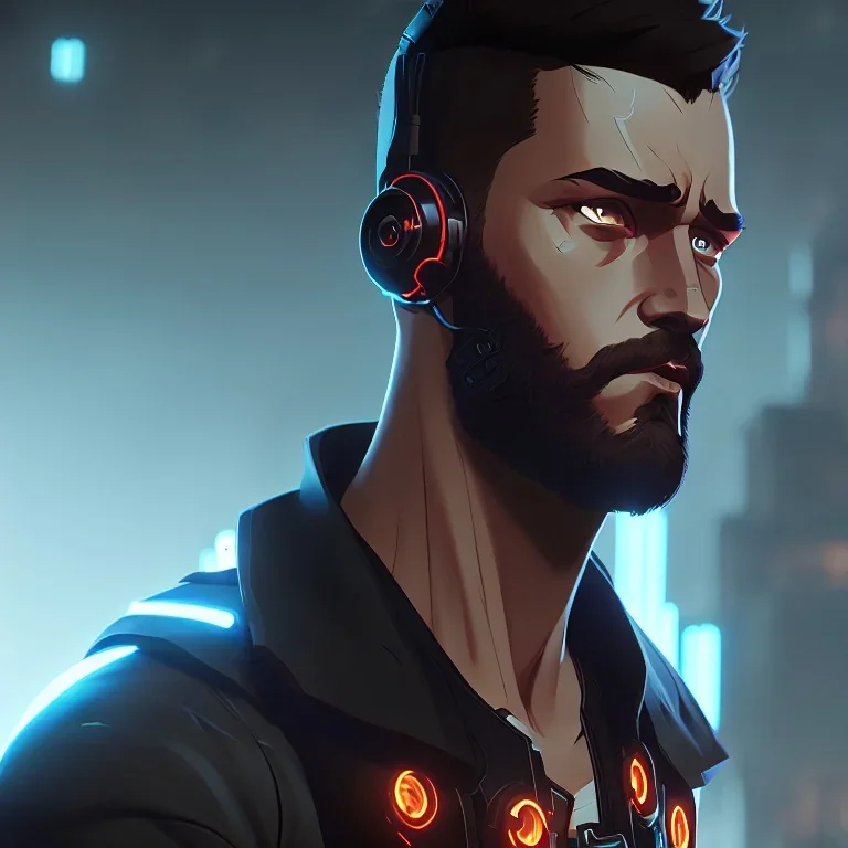 DJ cyborg short bearded Christian Boshell with headphones. dystopian cyberpunk style similar to sin city, cinematic Fire theme art, Dark moody atmosphere, similar to a Michelangelo art direction, close-up face