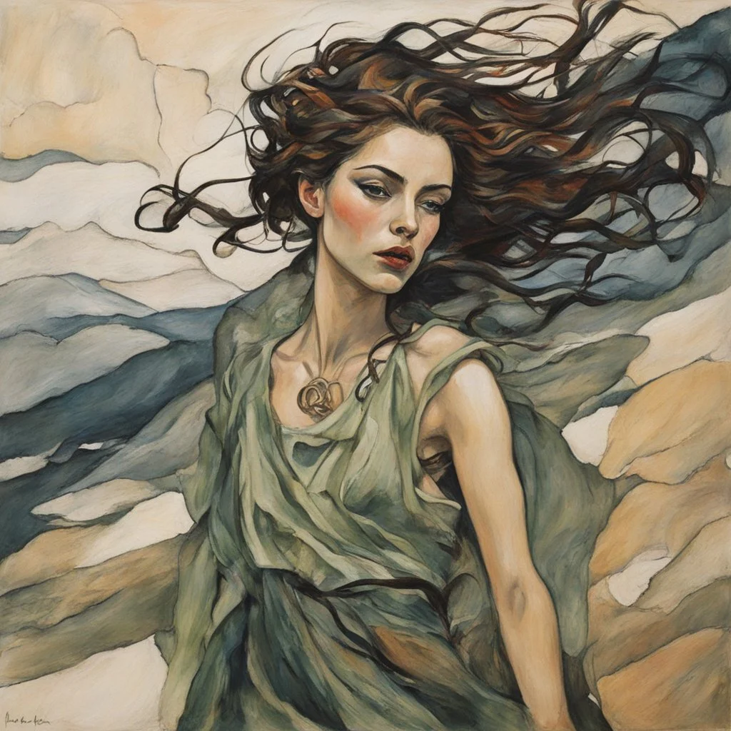 Painting of a Celtic Banshee girl, in the Expressionist style of Egon Schiele, Oskar Kokoschka, and Franz Marc, in muted natural colors