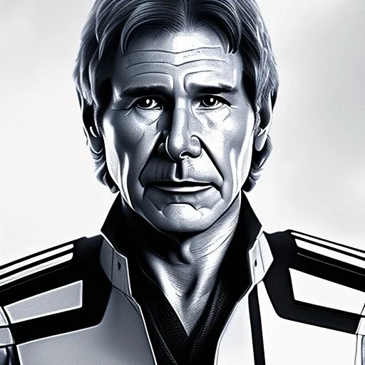 portrait of harrison ford as captain han solo, brown eyes, with realistic and extrem light facial skin, cinematic lighting, photorealistic, volumetric light and shadow, hyper HD, octane render, unreal engine, insanely detailed and intricate, hyper-realistic, space background, watercolour on white paper