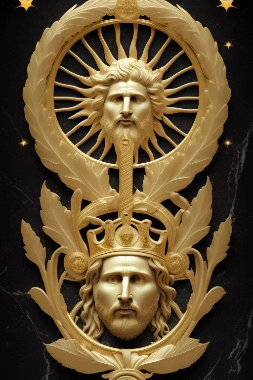 Ultra Realistic image, Roman sculpture, clean white marble material, Lionel Messi, gold Laurel leaves wreath, god crown, renaissance ornaments, one gold star in heart, sun ornament, sun rays background, chisel style, waist up portrait, emperor style, epic, celestial, cinematic lighting, God light, god rays, 4k resolution, smooth details, ornate details, soft lighting, unreal engine 5, art station, substance 3d.