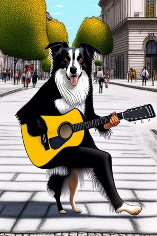 One single mature border collie, playing guitar in the street , Vienna, friendly, sunny day, model style, hyper realistic, extremely accurate, delicate, extremely detailed, Graphic novel style, wide-angle, open aperture, superfine pencil