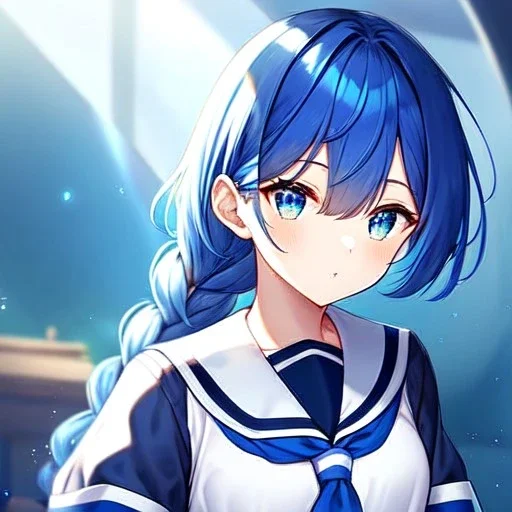 girl, masterpiece, best quality, volumetric lighting, detailed outfit, perfect eyes, blue hair, blue eyes, school outfit, braided ponytail,