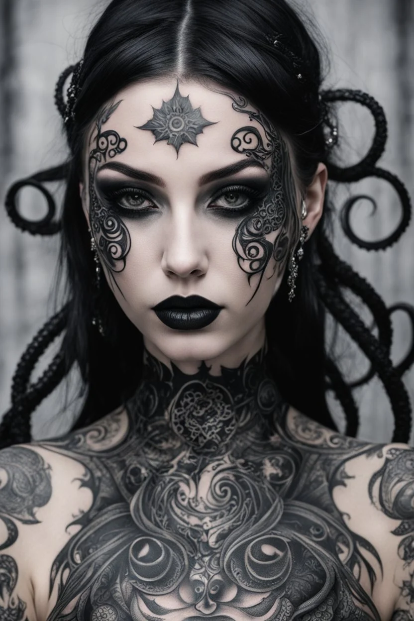 Girl goth many tattoos on his face, siting, fullbody, tentacles out from her, intricate, macro photography,