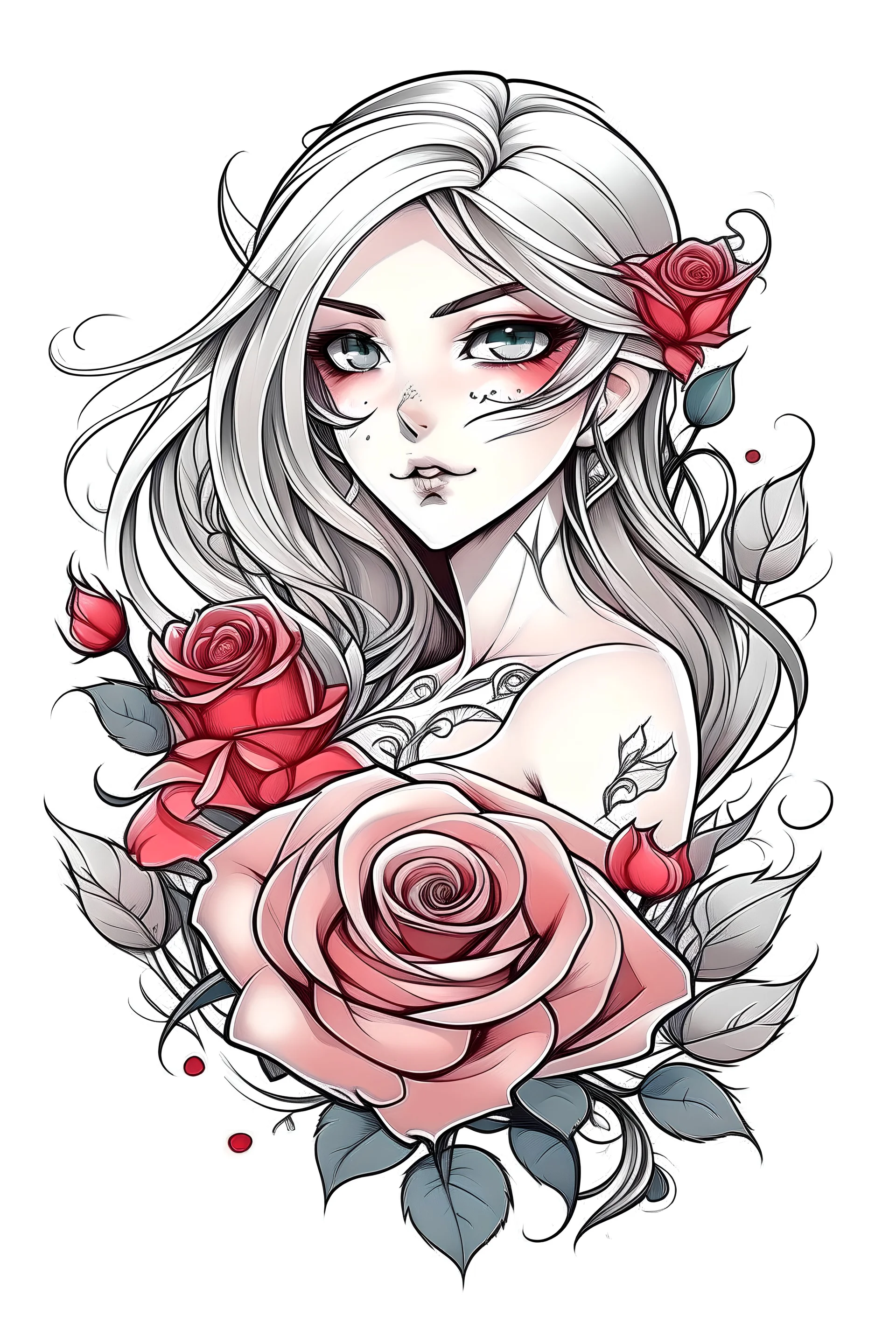 tattoo design, cartoon, girl style anime, delicated rose´s, background white