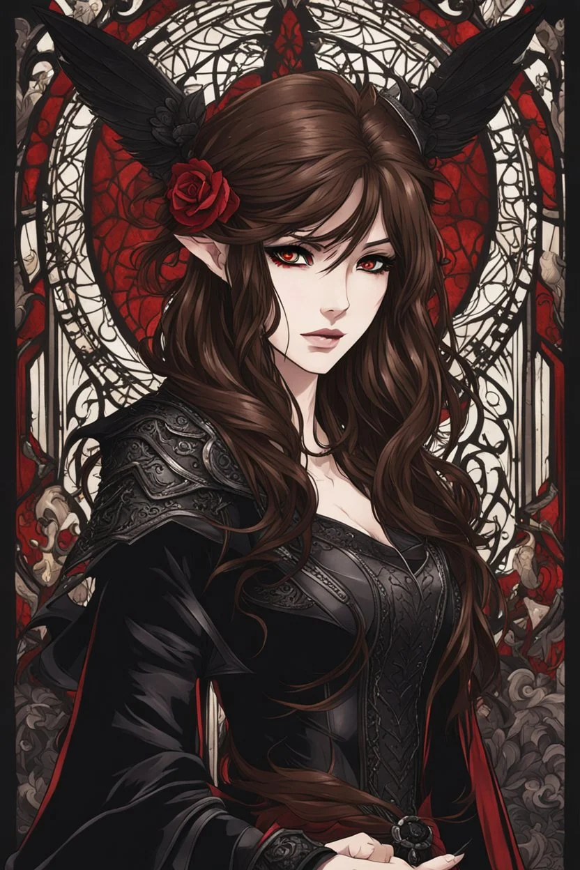 A confident looking young woman with pale skin and long brown hair in a dark fantasy setting with intricate details. She is wearing black and read leather, has red eyes, an air of malevolent power surrounds her. Anime style. High definition.