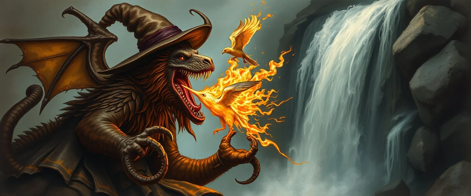 octopus bird witch bear dragon waterfall looks beyond really powerful slapping a bird in the face with fire, fantasy illustration, in the style of Rembrandt