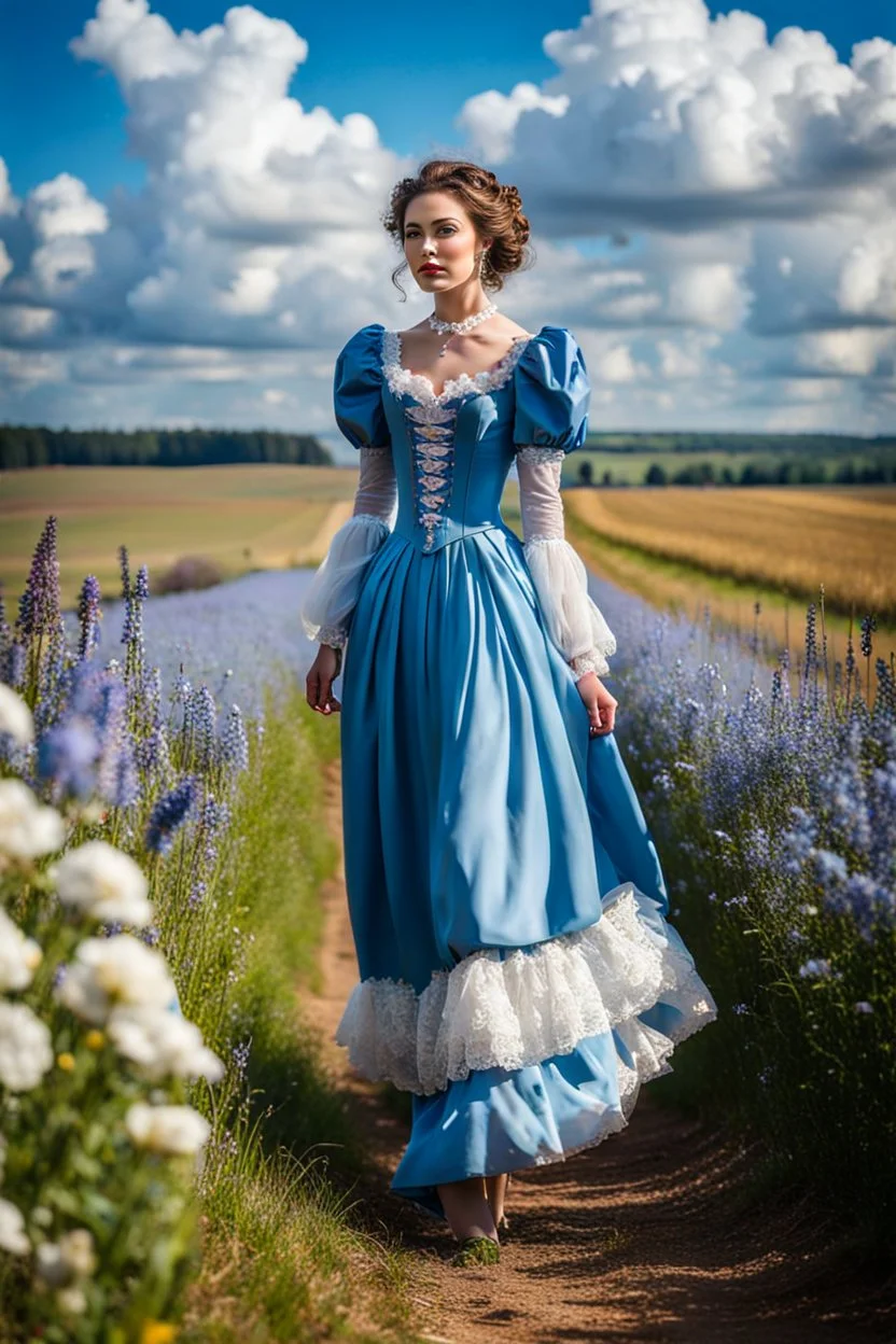 fullbody girl makeup wearing a victorian dress walking in country side ,flowers ,pretty clouds in blue sky