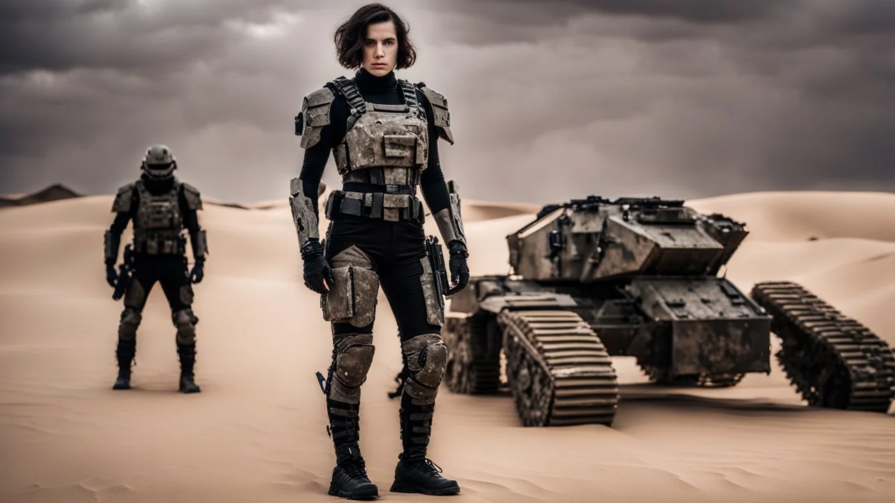 beautiful caucasian female soldier, black metal body and limbs, visible cybernetic limbs, scratched sand camo metal details, short brunette wavy bob haircut, dystopian, desert scene