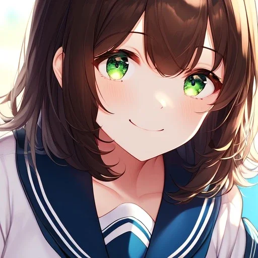 Clear focus,High resolution, brown short fluffy hair, long bangs, and green eyes, Depressed girl, wearing a sailor uniform, Smug smile, half closed eyes, smile, Extreme close up